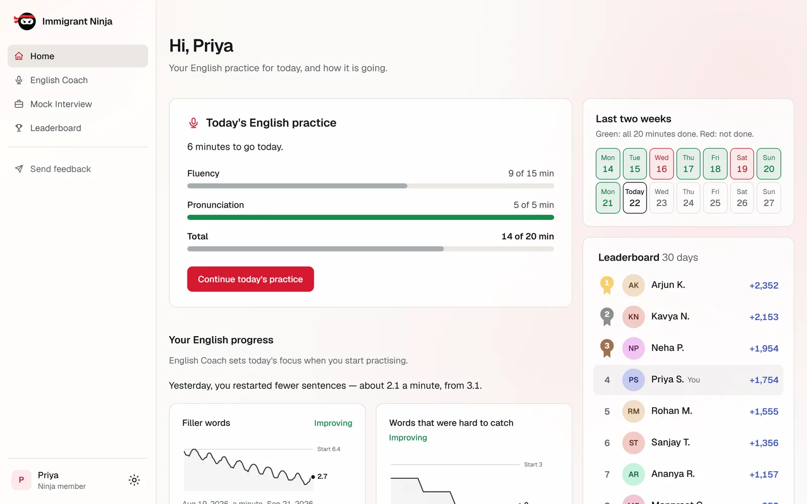 The app's Home screen in a browser: today's English practice with 9 of 15 fluency minutes and 5 of 5 pronunciation minutes done, the last two weeks of practice, progress graphs and a 30-day leaderboard.