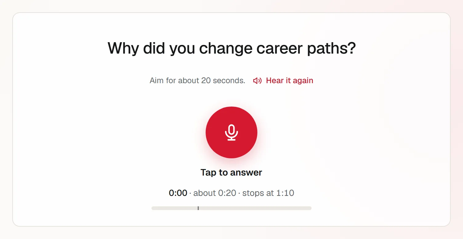 A question in a hiring-manager mock: “Why did you change career paths?”, with “Aim for about 20 seconds”, a button to hear it again and a button to answer.