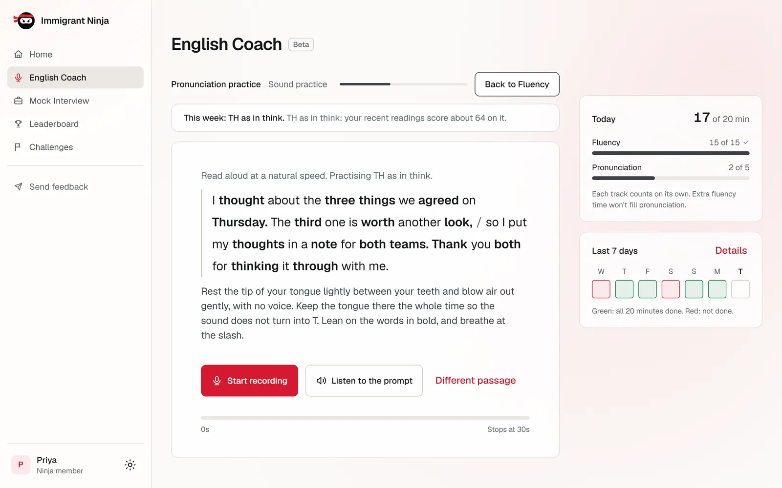 A pronunciation exercise for this week's sound, TH as in think, with the member's recent score on it: a three-sentence passage to read aloud, starting “I thought about the three things we agreed on Thursday”, with the words to stress in bold and a slash where to breathe, how to make the sound, and buttons to record and to listen.