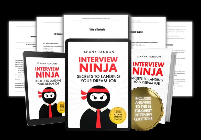Interview Ninja shown as a tablet, a paperback and interior pages